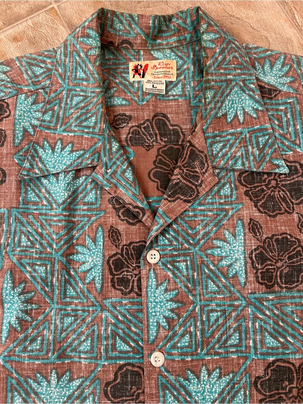 Vintage Reyn Spooner hibiscus Hawaiian print button down, teal shirt size large - Picture 3 of 9